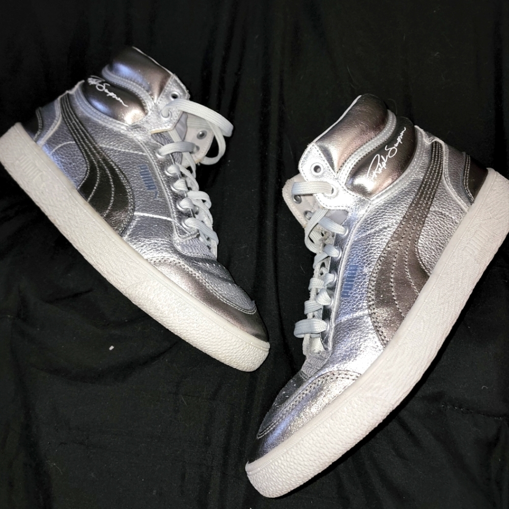 Puma Silver Metallic High-Top Athletic Sneakers with White Soles